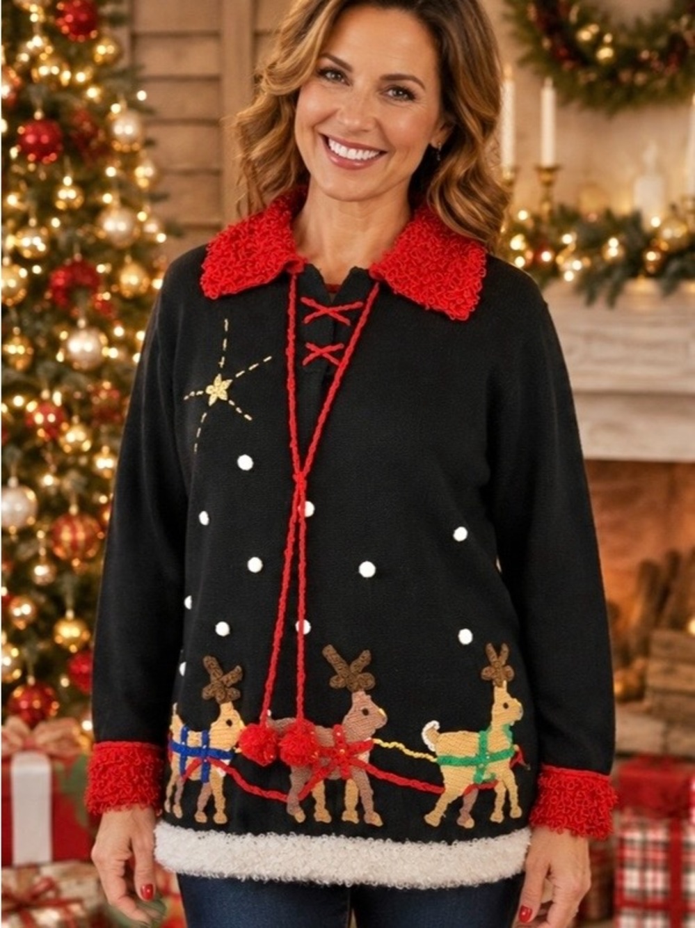 Ugly Black Christmas Sweater Berek 2 Santa Sleigh and Reindeer Women’s Sz L